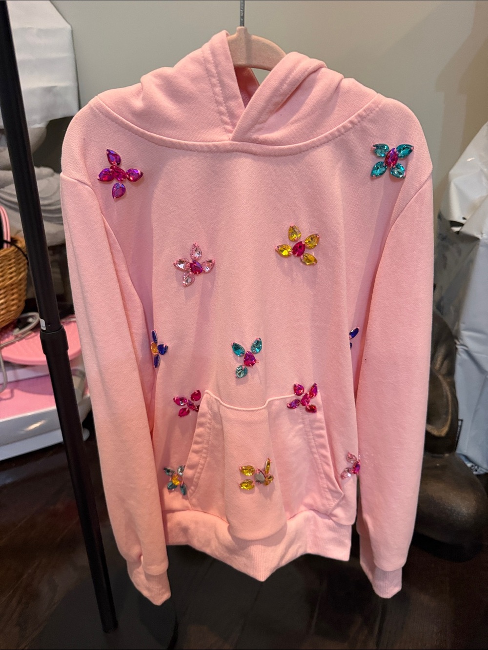 Lola + The Boys Pink Hoodie with Multicolor Gem Flowers